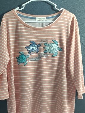 Coastal Grandma Striped Long Sleeve Tee with Turtle Embroidery - Peach/White